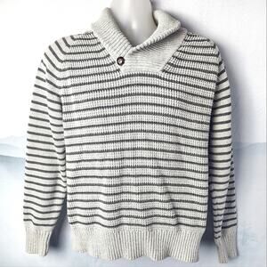 Nautica Chunky Knit Gray Striped Cotton Sweater | Men's Medium